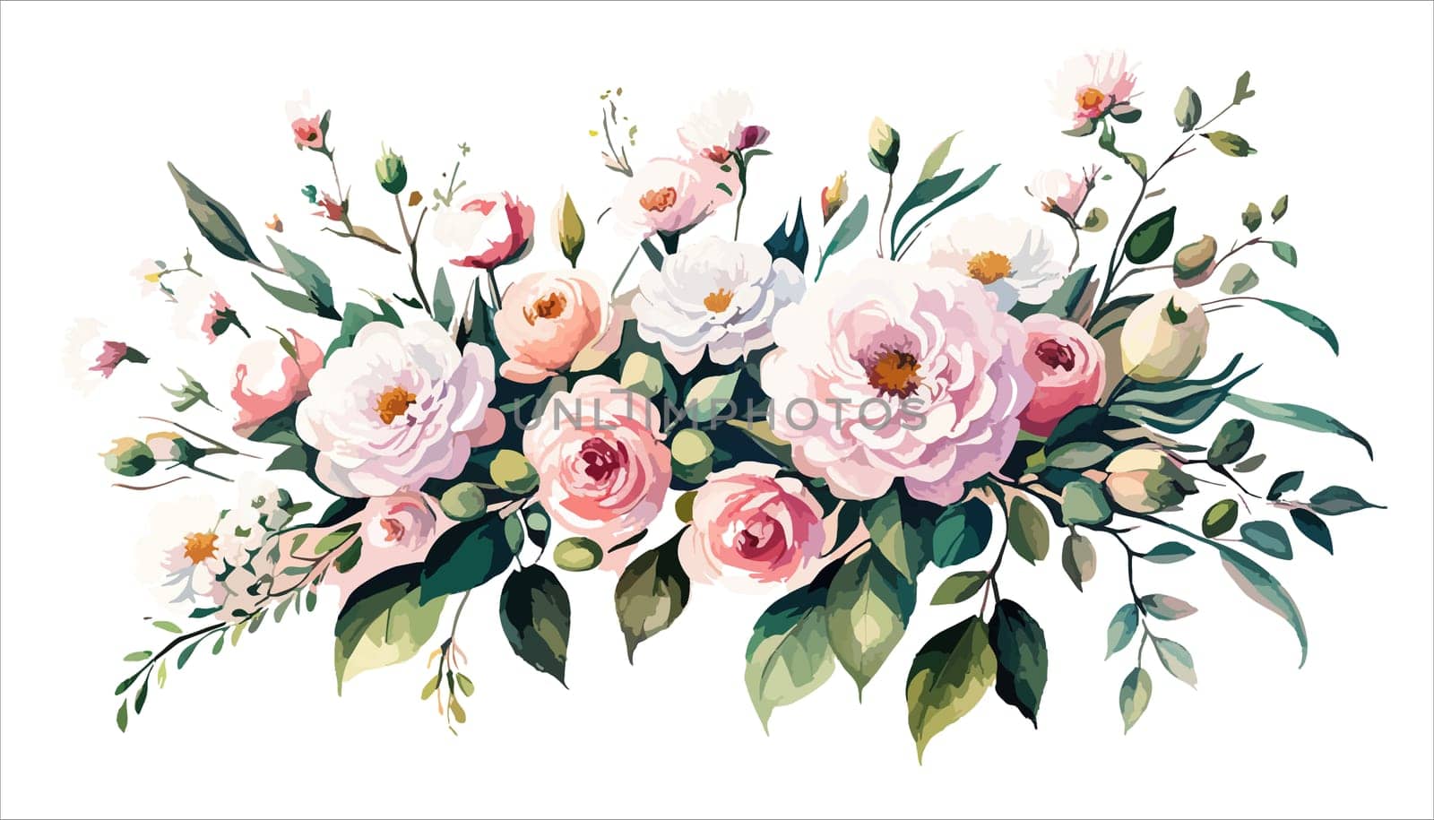 Floral bouquet, watercolor illustration. Pink roses flowers arrangement. Botanical painting on a white isolated background.