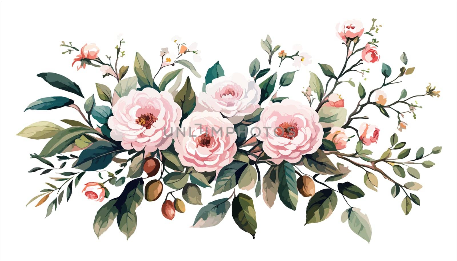 Watercolor flowers pink roses. Floral illustration. Bouquet flowers pink rose. Design arrangements for textile, greeting card. Abstraction branch of flowers isolated on white background.