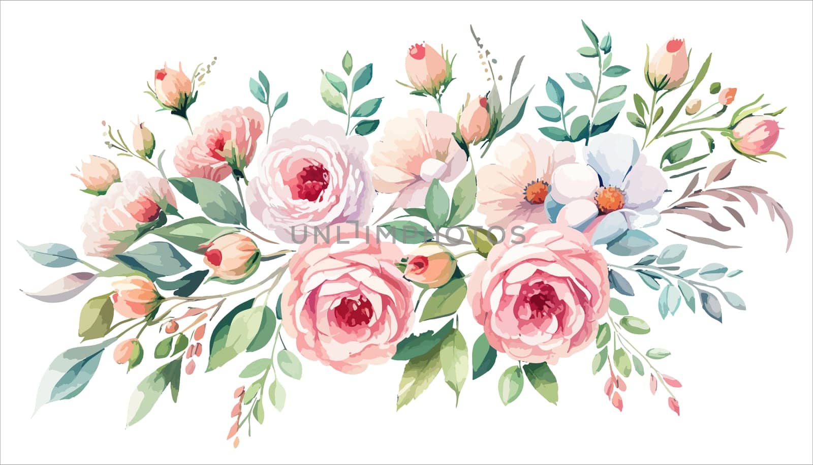 Watercolor illustration of bouquet with pink roses and buds, green leaves on a white background, illustration for postcard and congratulations design