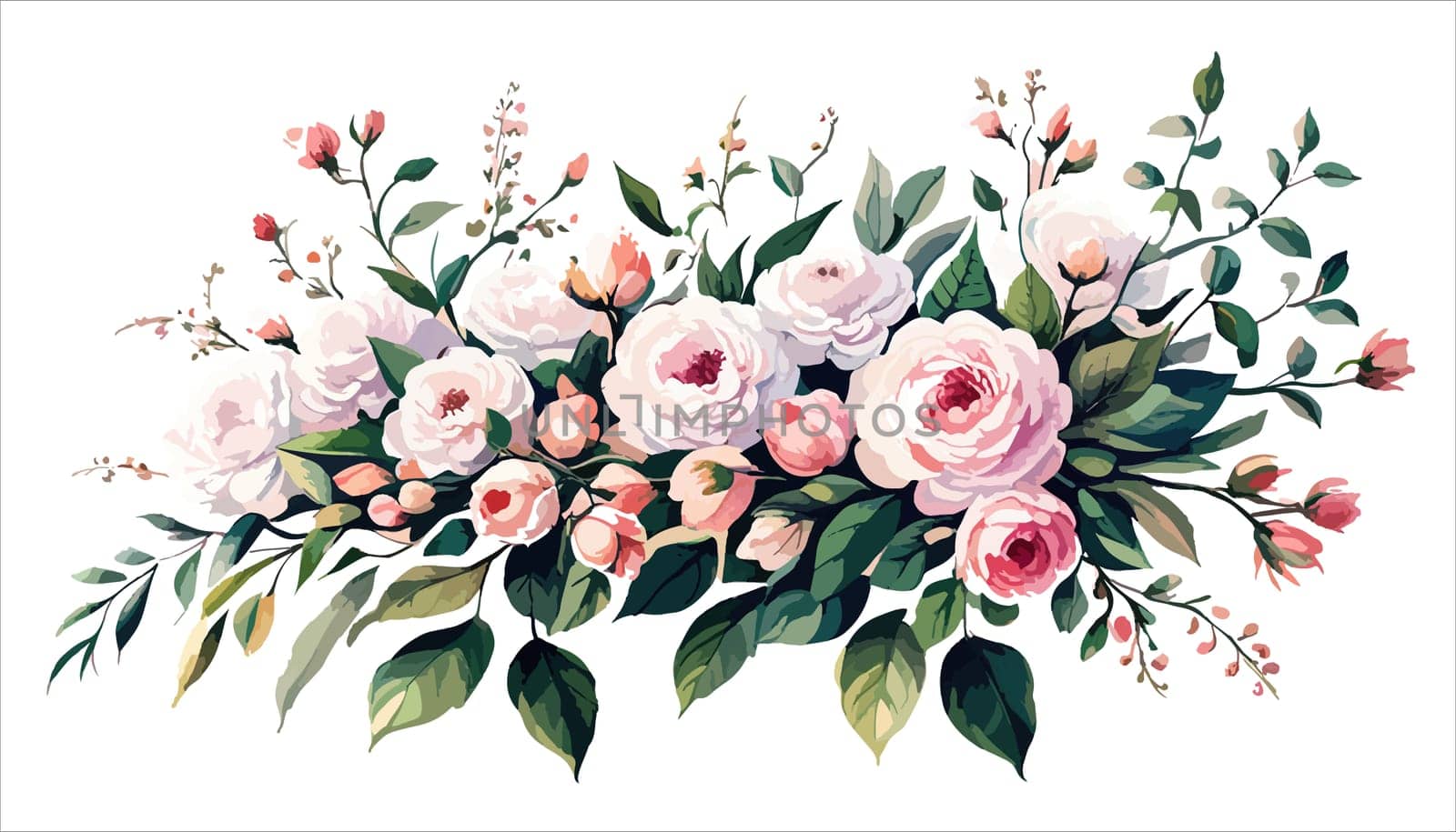 Floral bouquet, watercolor illustration. Pink roses flowers arrangement. Botanical painting on a white isolated background.