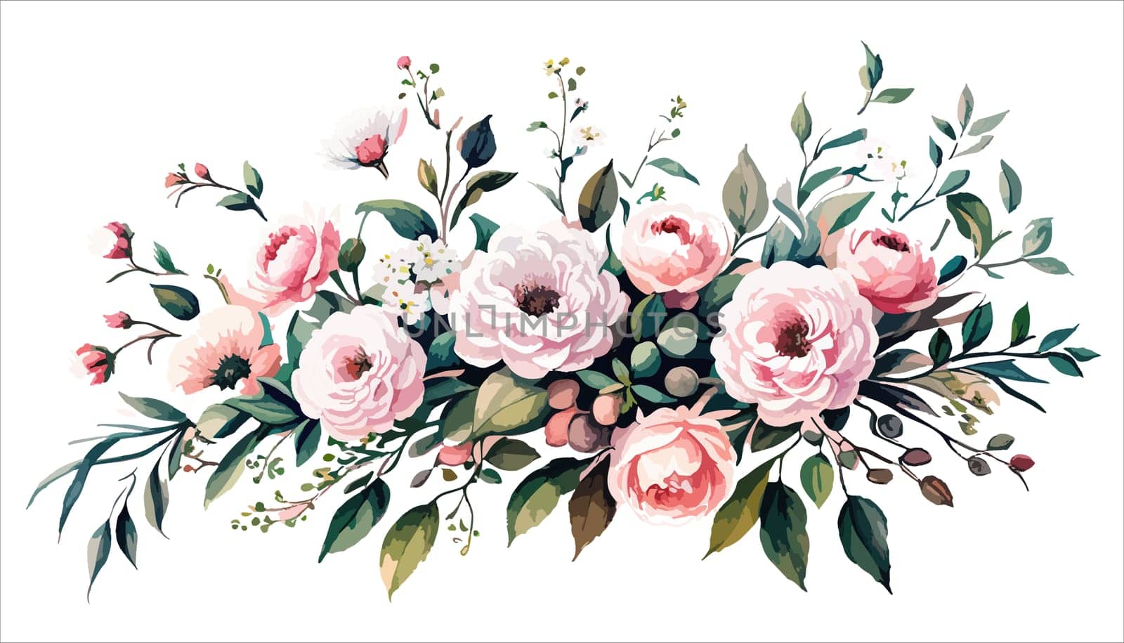 Floral bouquet, watercolor illustration. Pink roses flowers arrangement. Botanical painting on a white isolated background.