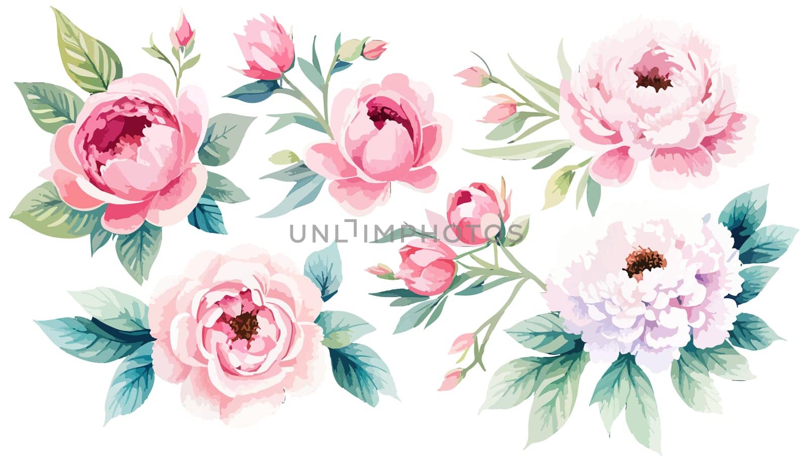 Set pink peonies watercolor flowers on an isolated white background, watercolor by EkaterinaPereslavtseva