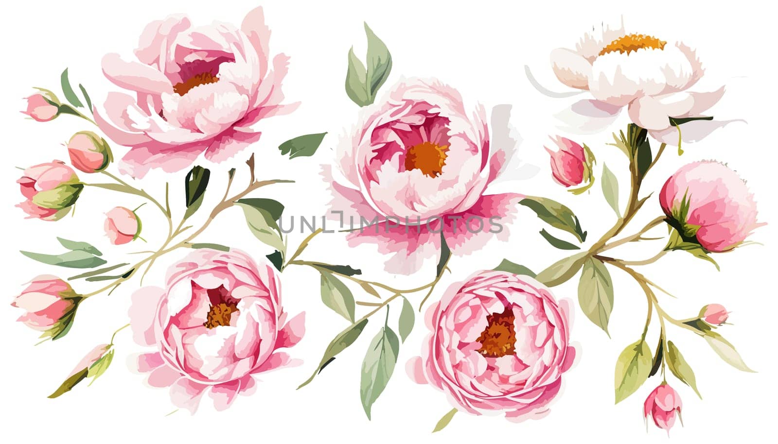 Floral illustration set bouquet pink peonies, wreath, frame green leaves, pink by EkaterinaPereslavtseva