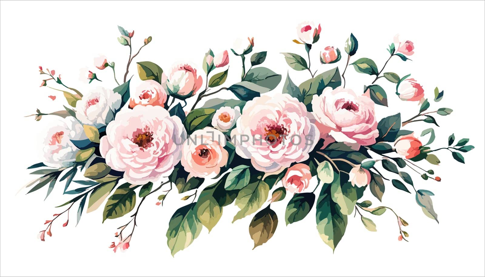 Watercolor floral bouquet composition with pink roses and green leaves on white by EkaterinaPereslavtseva