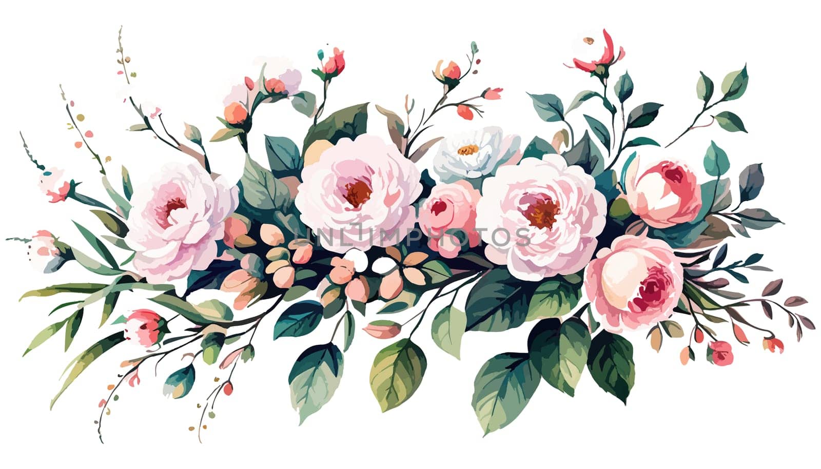 Watercolor flowers pink roses. Floral illustration. Bouquet flowers pink rose. Design arrangements for textile, greeting card. Abstraction branch of flowers isolated on white background.