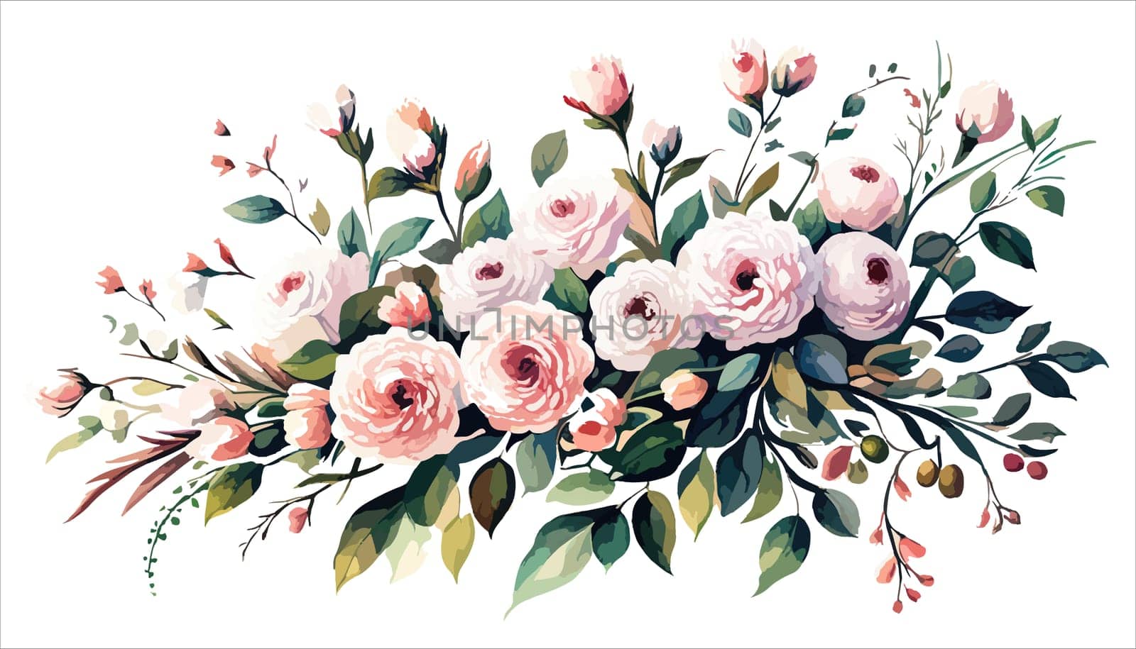 Watercolor illustration of bouquet with pink roses and buds, green leaves by EkaterinaPereslavtseva