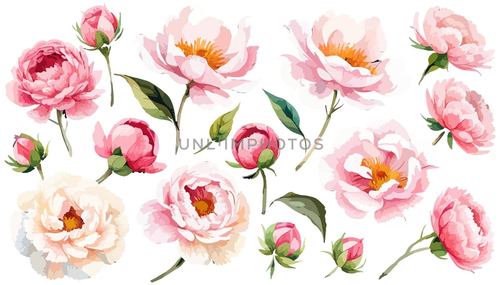 Floral illustration set bouquet pink peonies, wreath, frame green leaves, pink peach blush white flowers branches. Wedding invitations, greetings, wallpapers, fashion, prints. illustration