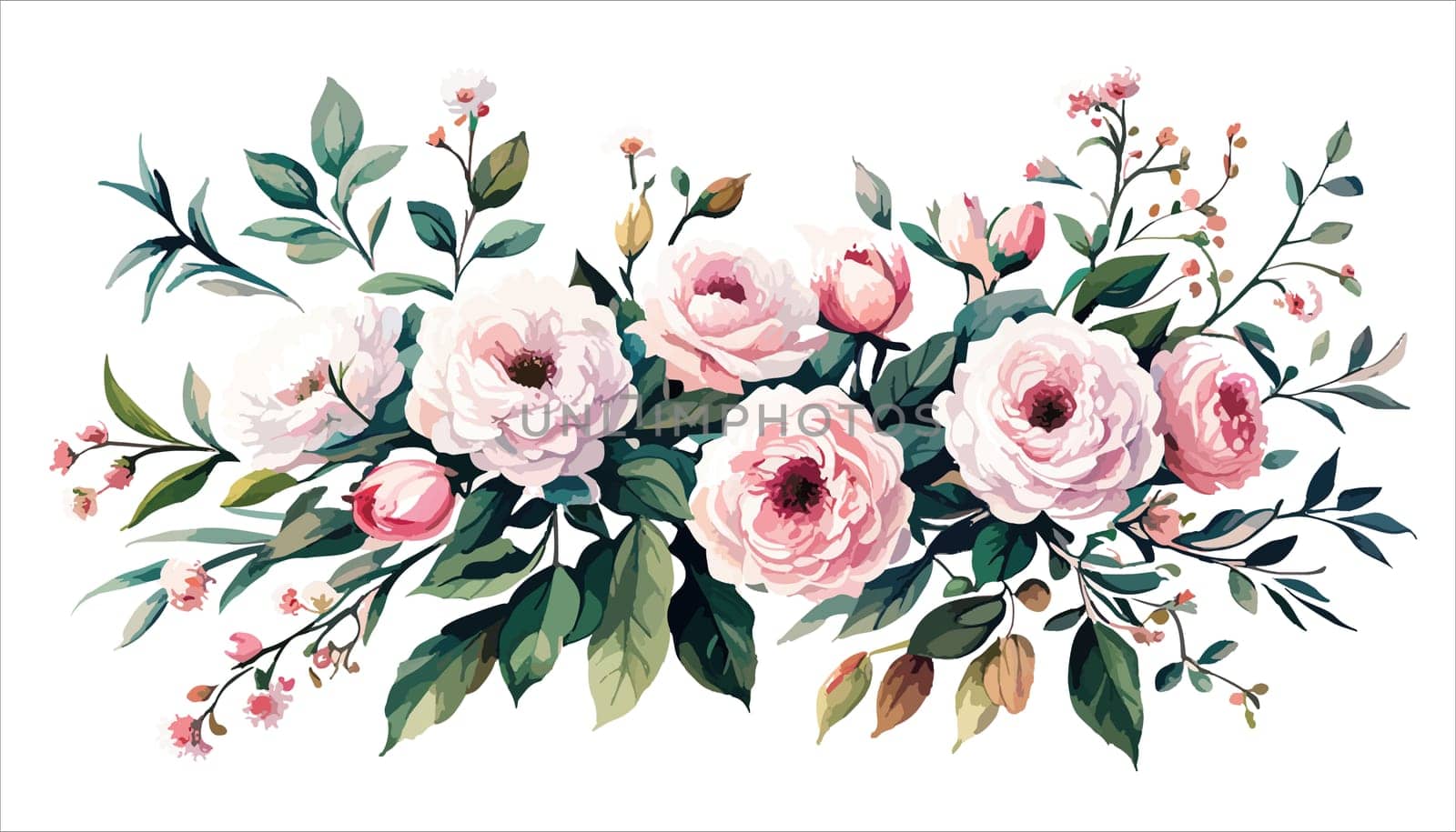 Watercolor illustration of bouquet with pink roses and buds, green leaves on a white background, illustration for postcard and congratulations design