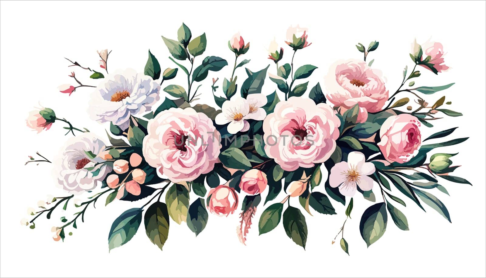 illustration blooming pink roses flowers for your design. Wedding romantic elegant date marriage symbol. Rose and green leaves, bouquet for your template, design of invitation card.