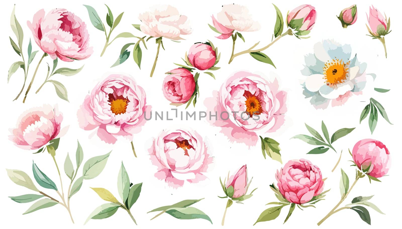 Large pink peonies set. Drawn botanical illustration. Realistic isolated objects on white background for your design