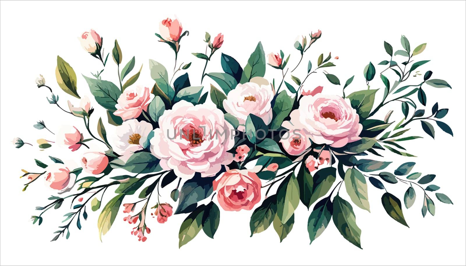 illustration blooming pink roses flowers for your design. Wedding romantic elegant date marriage symbol. Rose and green leaves, bouquet for your template, design of invitation card.