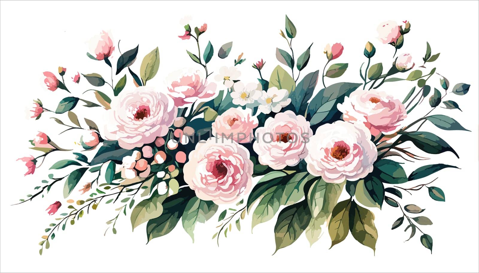 Flowers. Bouquet of pink roses and peony. Drawn flowers on an isolated white background. illustration