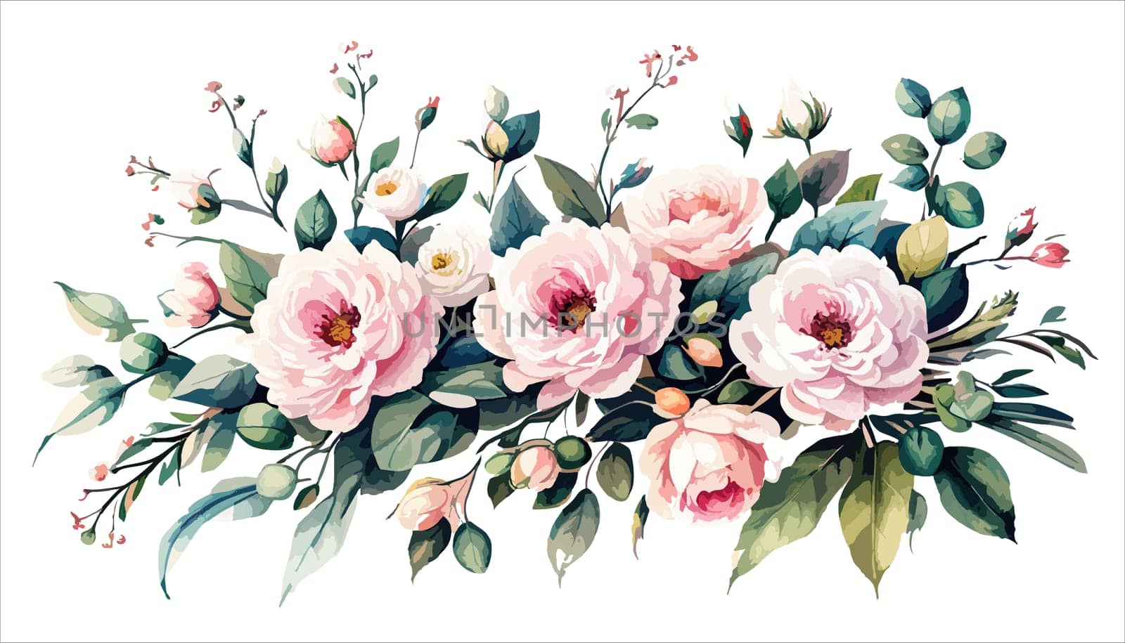 Watercolor illustration of bouquet with pink roses and buds, green leaves on a white background, illustration for postcard and congratulations design