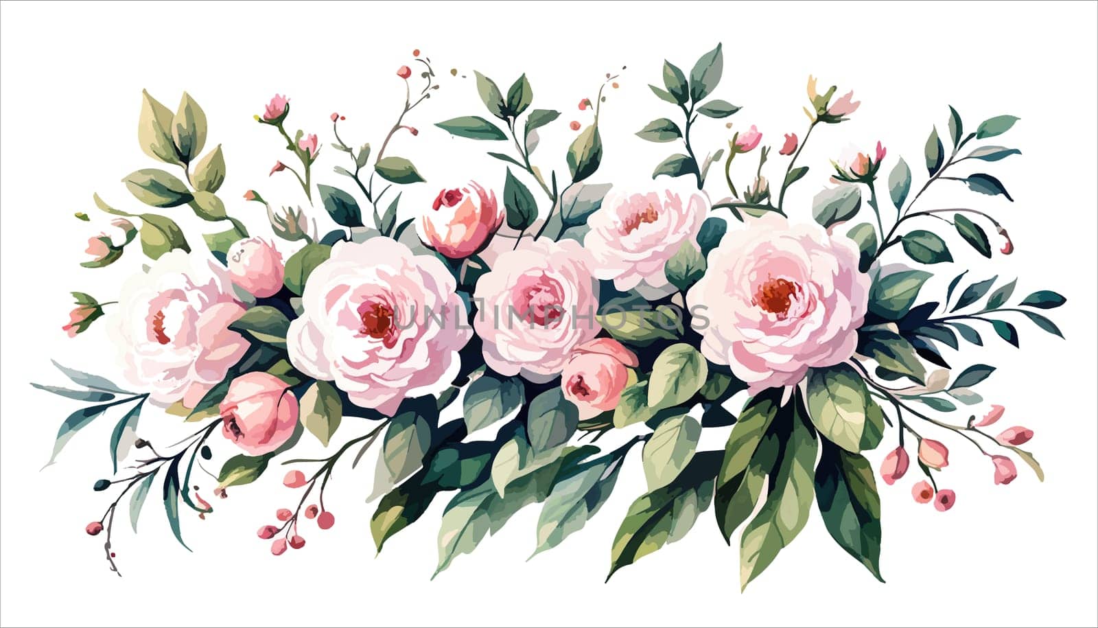 Watercolor illustration of bouquet with pink roses and buds, green leaves by EkaterinaPereslavtseva