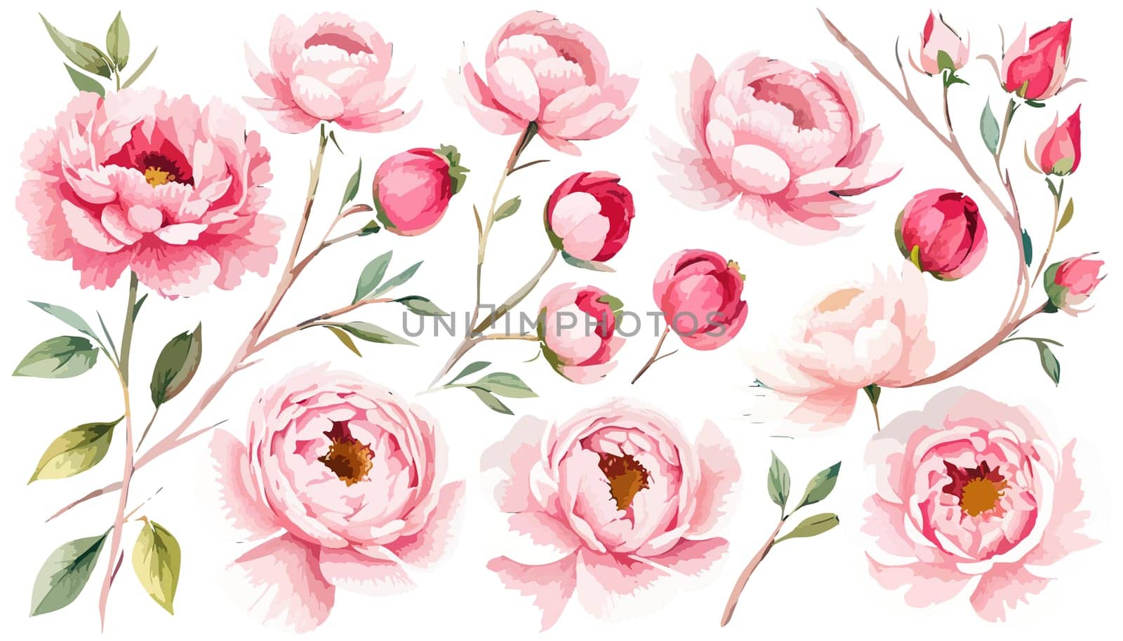 Watercolor hot pink peony flowers bouquet. Floral arrangement for card, invitation, decoration. Illustration isolated on white background