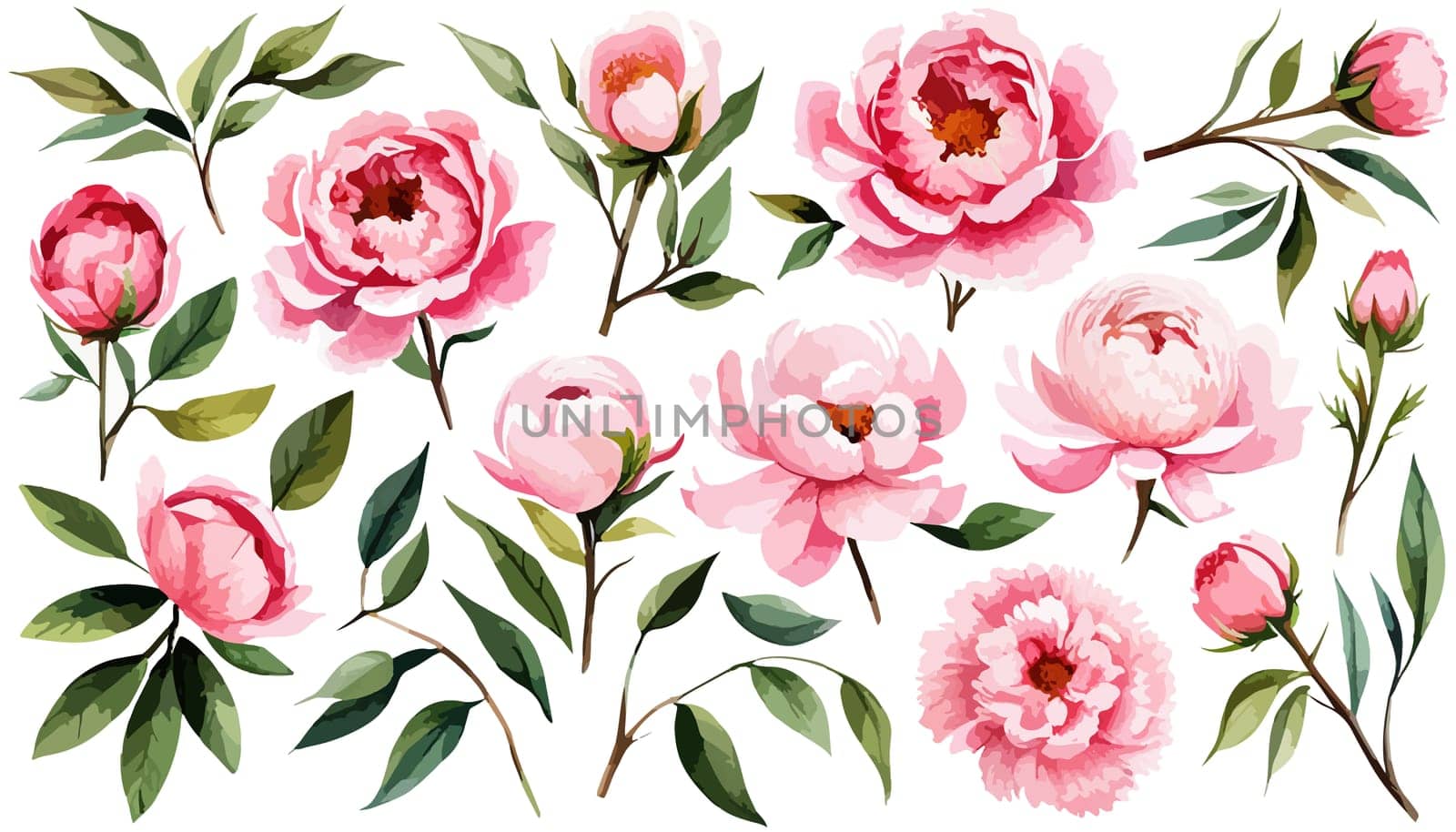 Large pink peonies set. Drawn botanical illustration. Realistic isolated by EkaterinaPereslavtseva