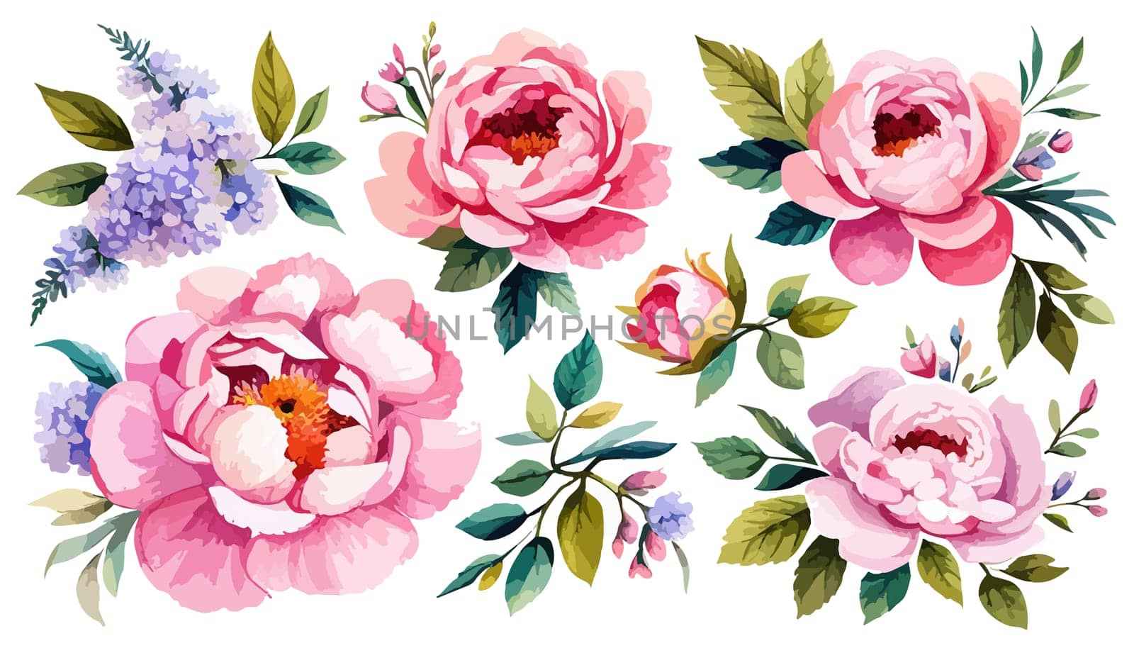 Watercolor flower illustration, pink peony on a white background. Set Peonies by EkaterinaPereslavtseva