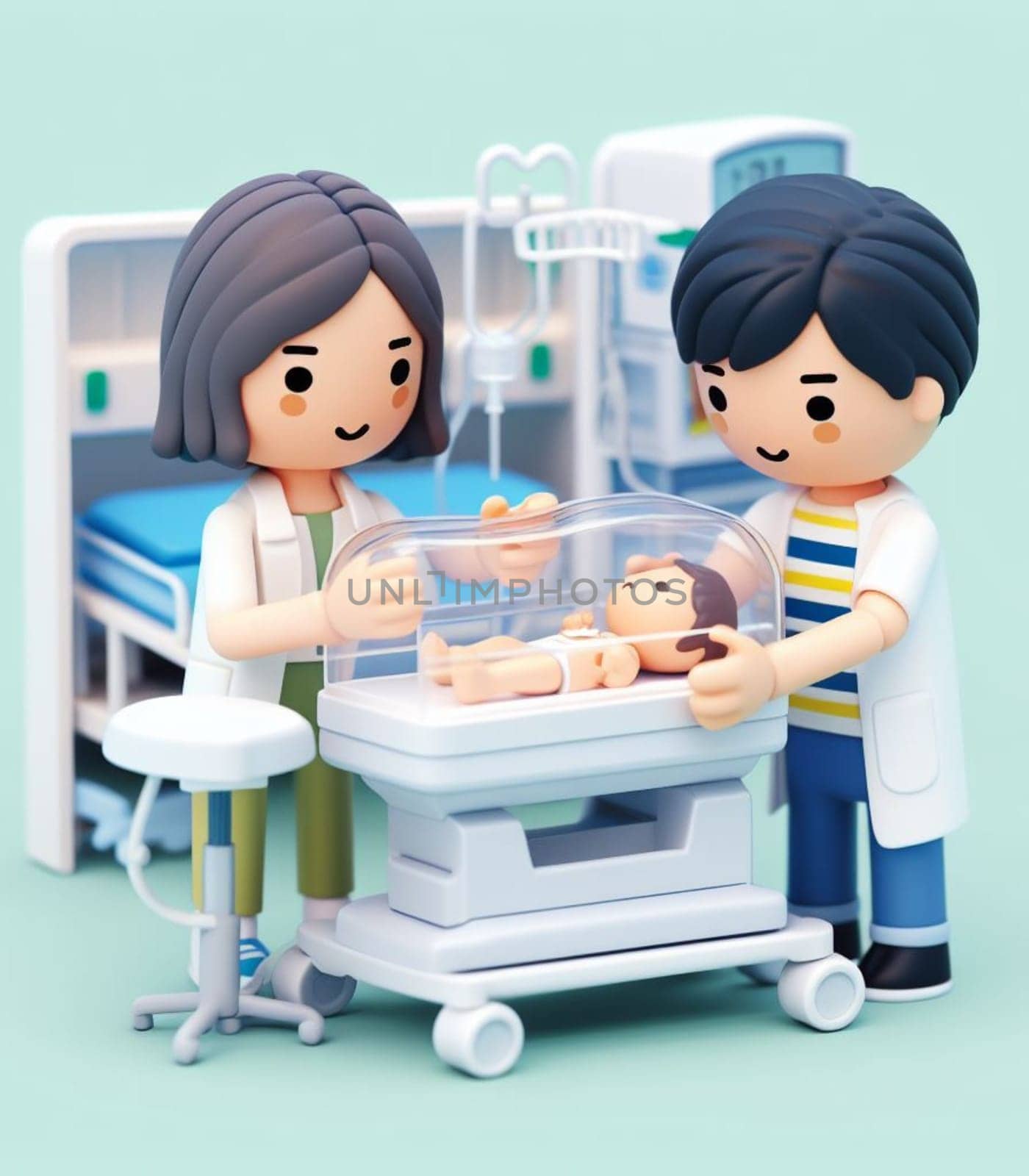 illustration depicting medical staff people at the hospital take care of newborn baby ai generated