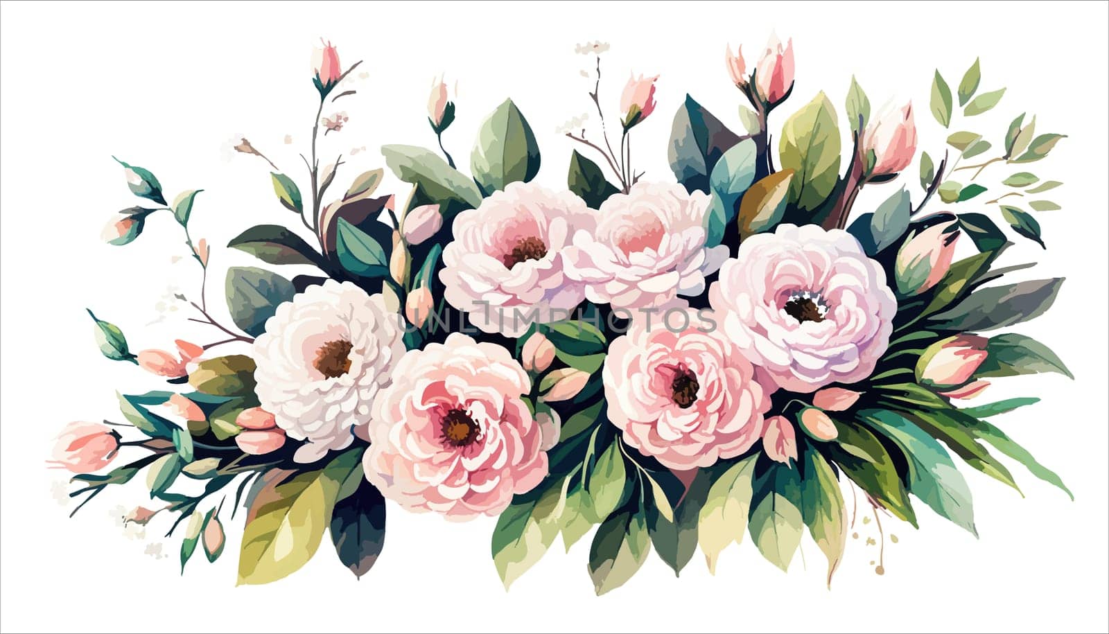 Flowers. Bouquet of pink roses and peony. Drawn flowers on an isolated white background. illustration