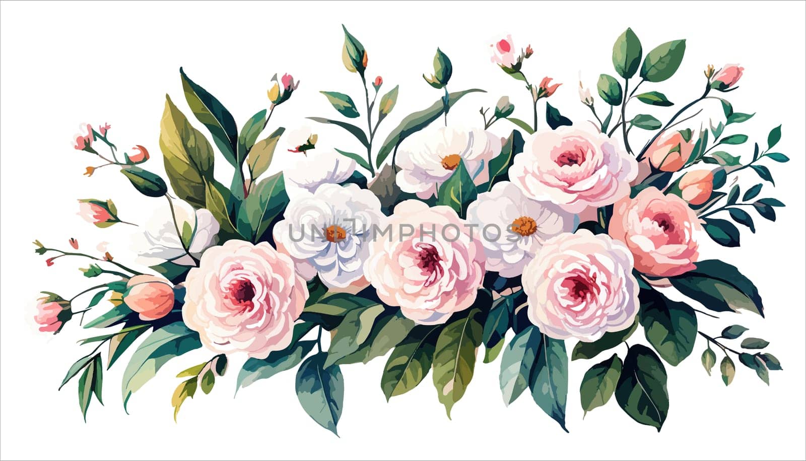 illustration blooming pink roses flowers for your design. Wedding romantic elegant date marriage symbol. Rose and green leaves, bouquet for your template, design of invitation card.
