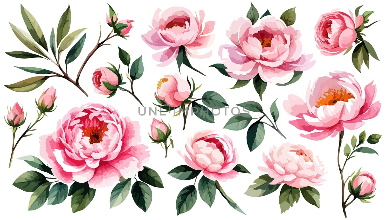 Floral illustration set bouquet pink peonies, wreath, frame green leaves, pink peach blush white flowers branches. Wedding invitations, greetings, wallpapers, fashion, prints. illustration