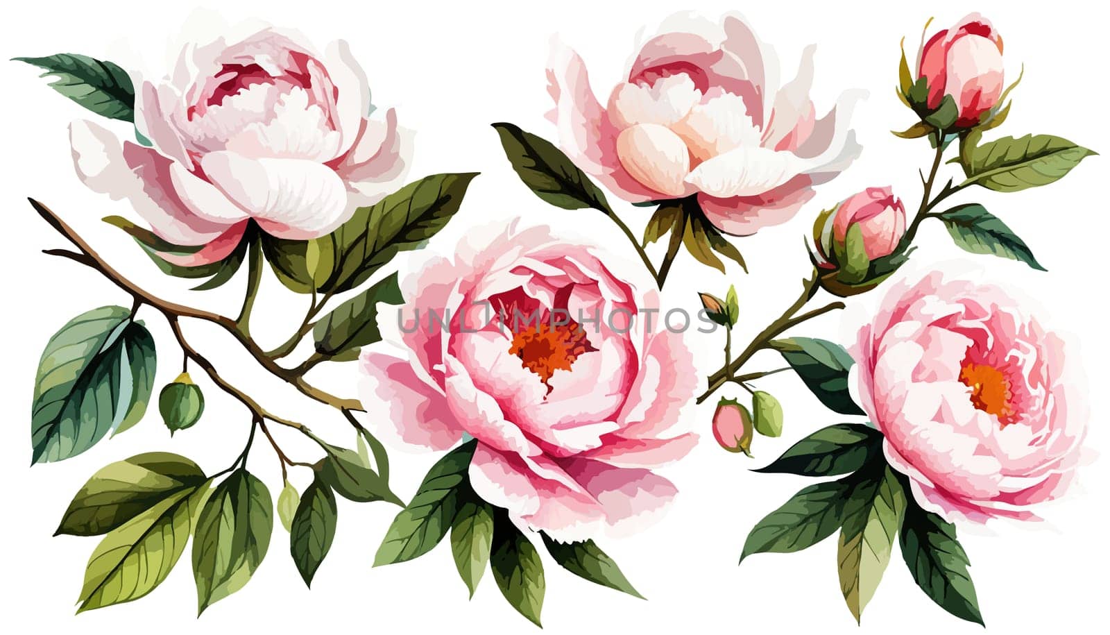 Painted floral elements set. Watercolor botanical illustration of peony flowers and leaves. Natural objects isolated on white background illustration