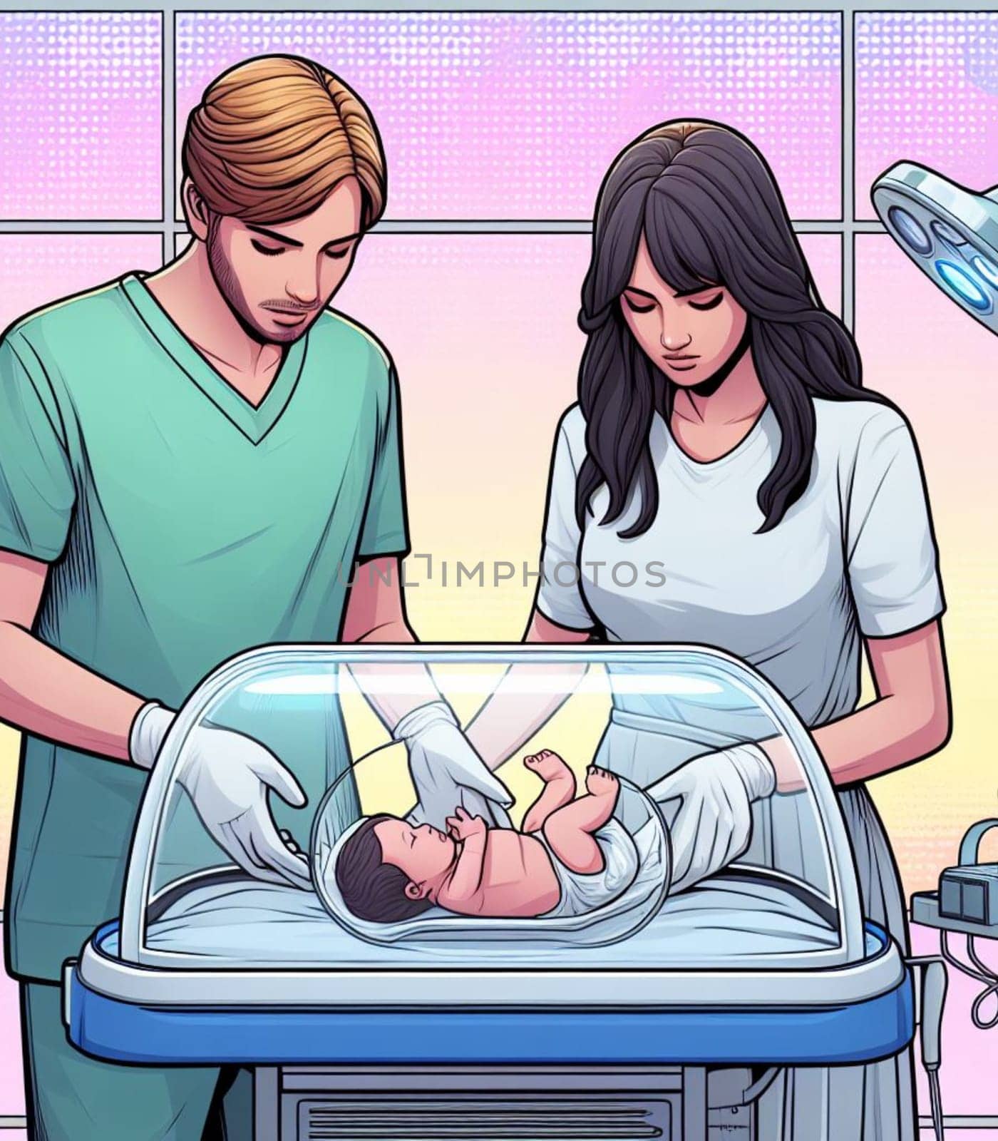 illustration depicting medical staff people at the hospital take care of newborn baby ai generated