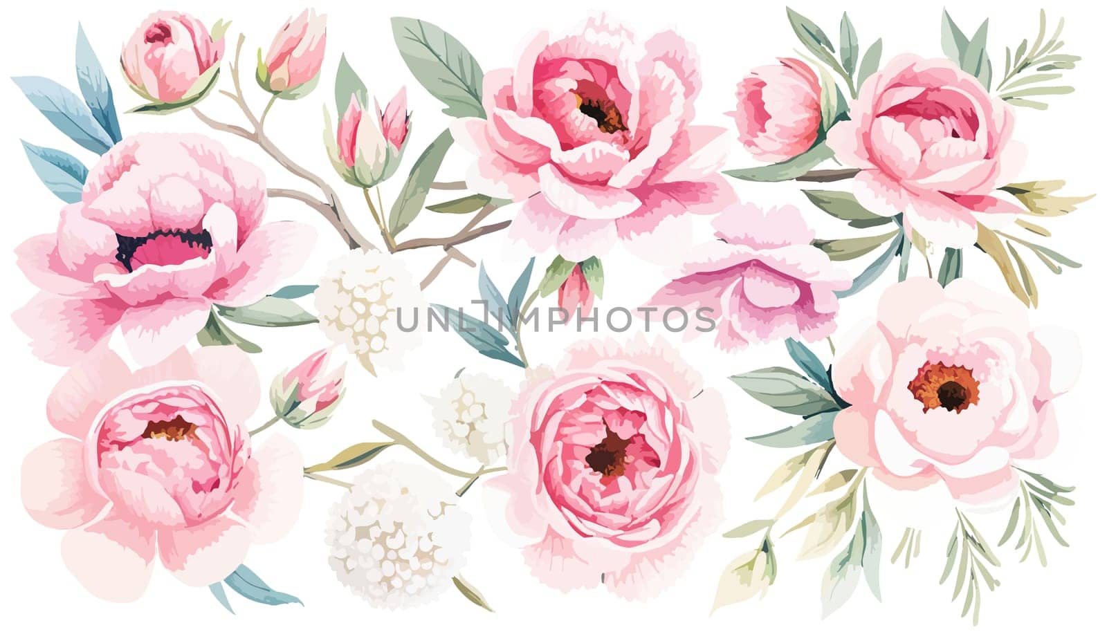 Pink Peonies on white isolated background. Watercolor flowers. Watercolor by EkaterinaPereslavtseva