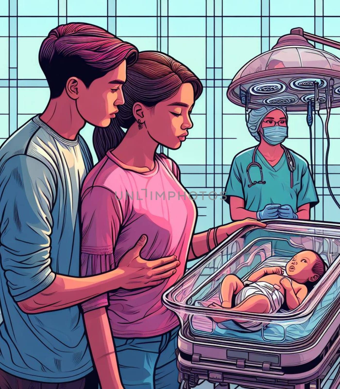 illustration depicting medical staff people at the hospital take care of newborn baby ai generated