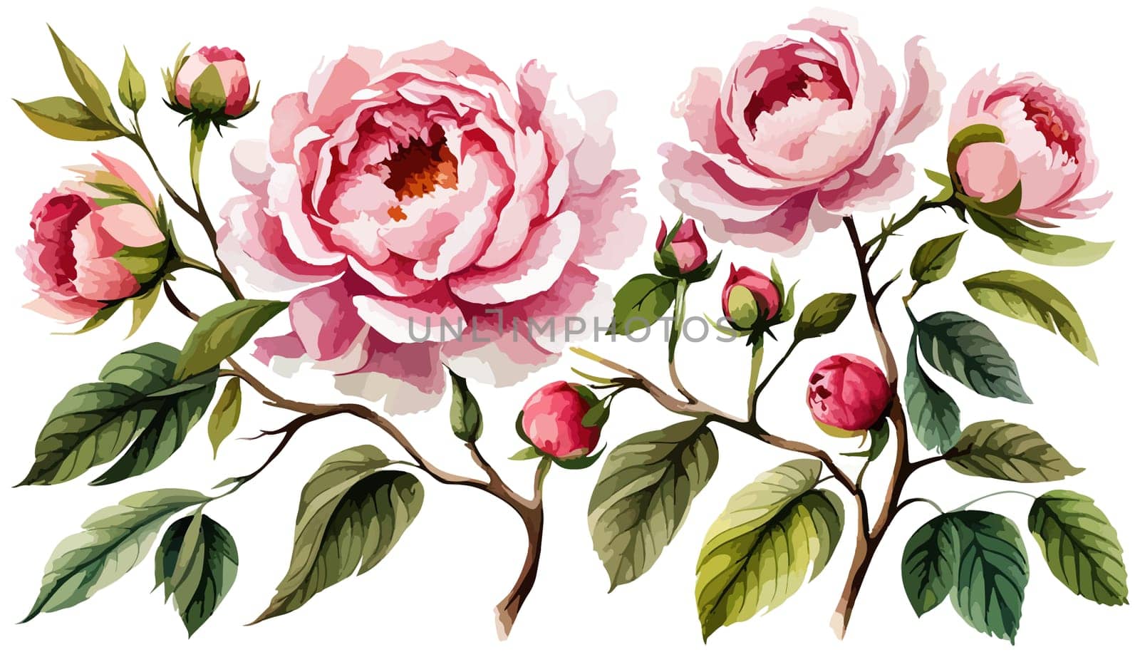 Painted floral elements set. Watercolor botanical illustration of peony flowers and leaves. Natural objects isolated on white background illustration