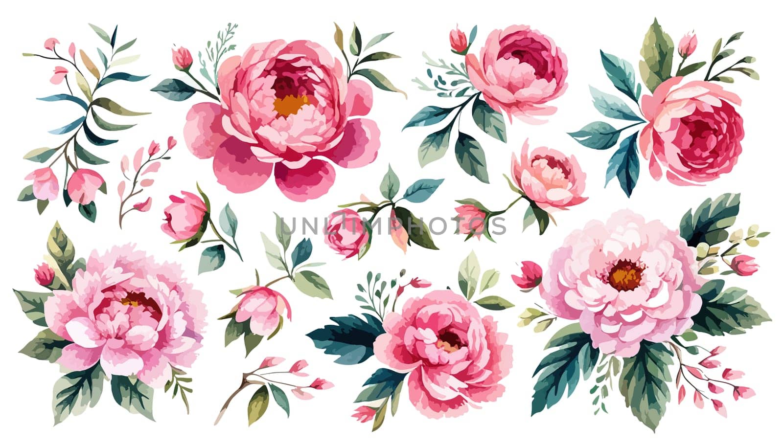 Watercolor flower illustration, pink peony on a white background. Set Peonies flowers illustration