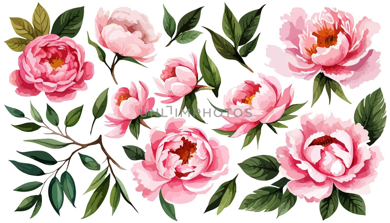 Floral illustration set bouquet pink peonies, wreath, frame green leaves, pink peach blush white flowers branches. Wedding invitations, greetings, wallpapers, fashion, prints. illustration