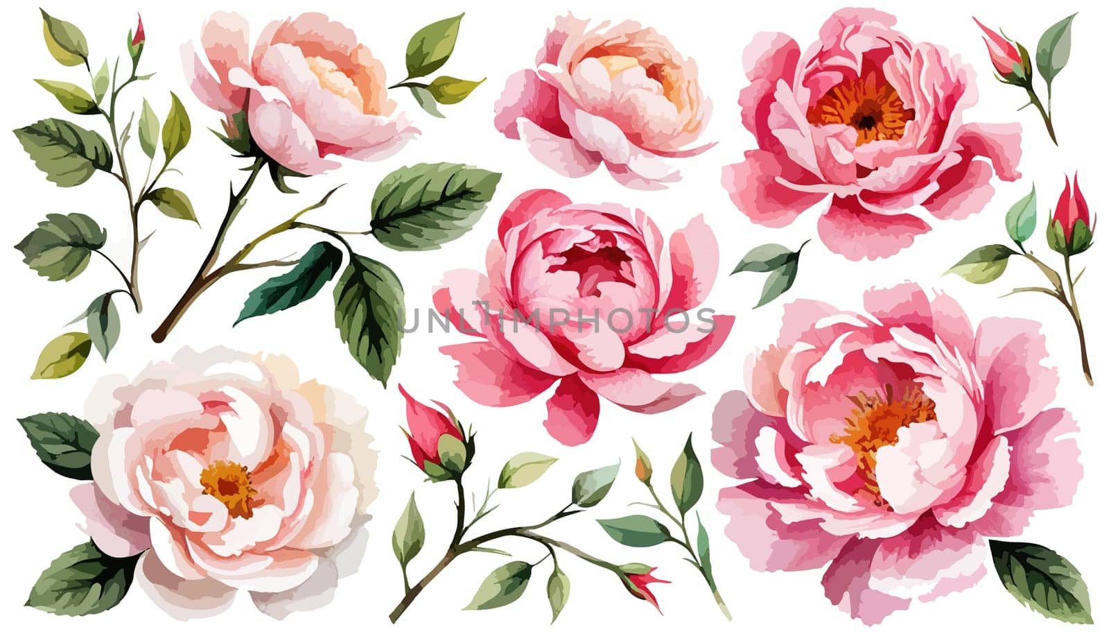 Set pink peonies watercolor flowers on an isolated white background, watercolor peony illustration, botanical painting, stock illustration.