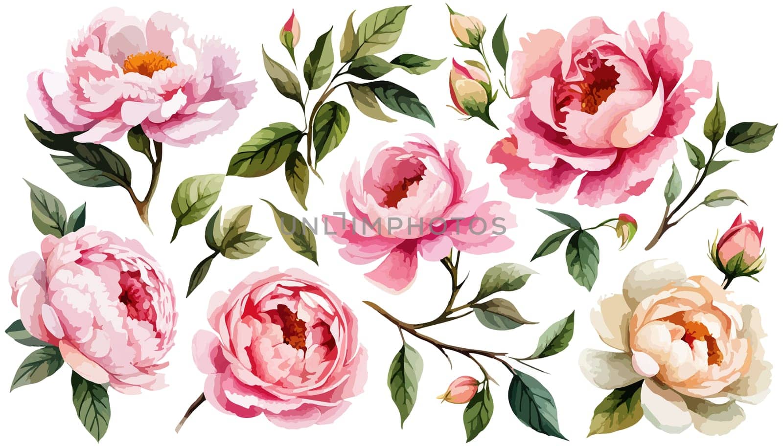 Large pink peonies set. Drawn botanical illustration. Realistic isolated objects on white background for your design