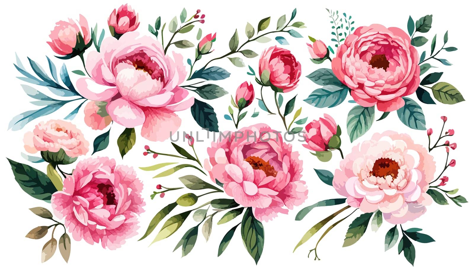 Set pink peonies watercolor flowers on an isolated white background, watercolor peony illustration, botanical painting, stock illustration.