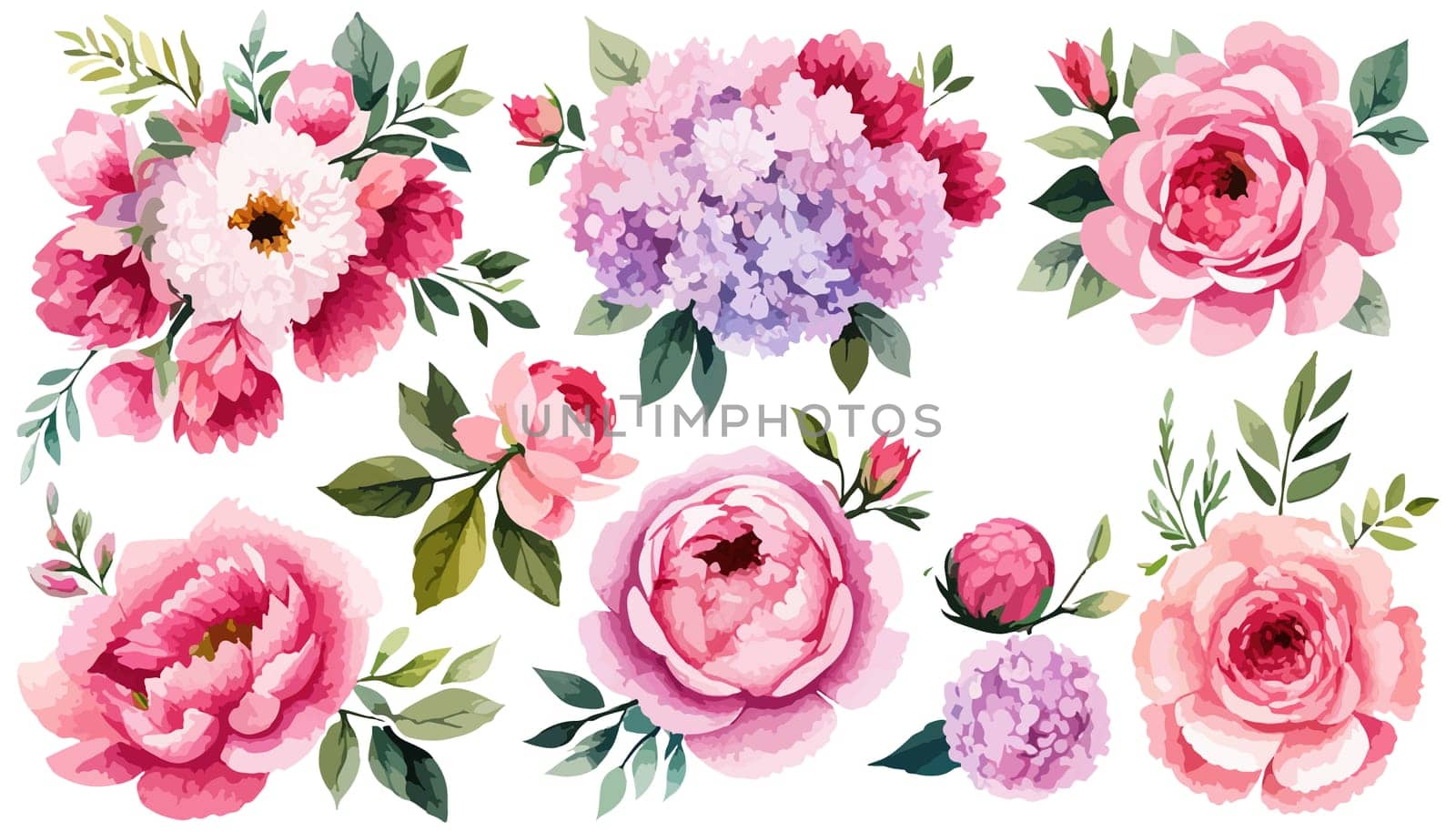 Set Spring flowers on white background. Watercolor illustration. Pink peonies, leaves, illustration