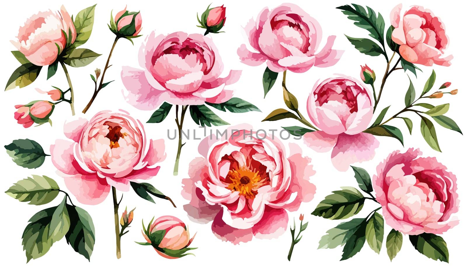Floral illustration set bouquet pink peonies, wreath, frame green leaves, pink by EkaterinaPereslavtseva