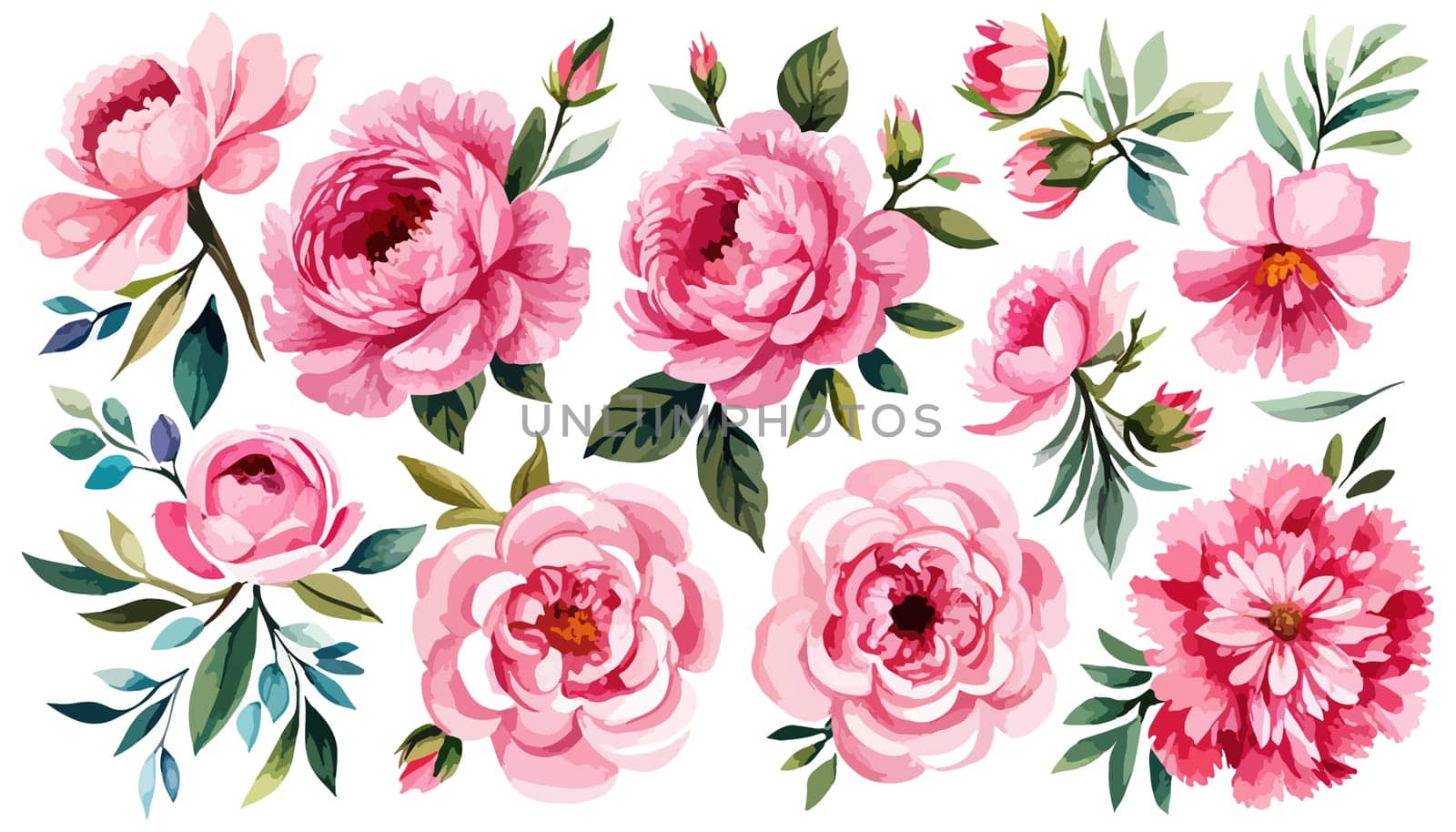 Pink Peonies on white isolated background. Watercolor flowers. Watercolor floral illustration set