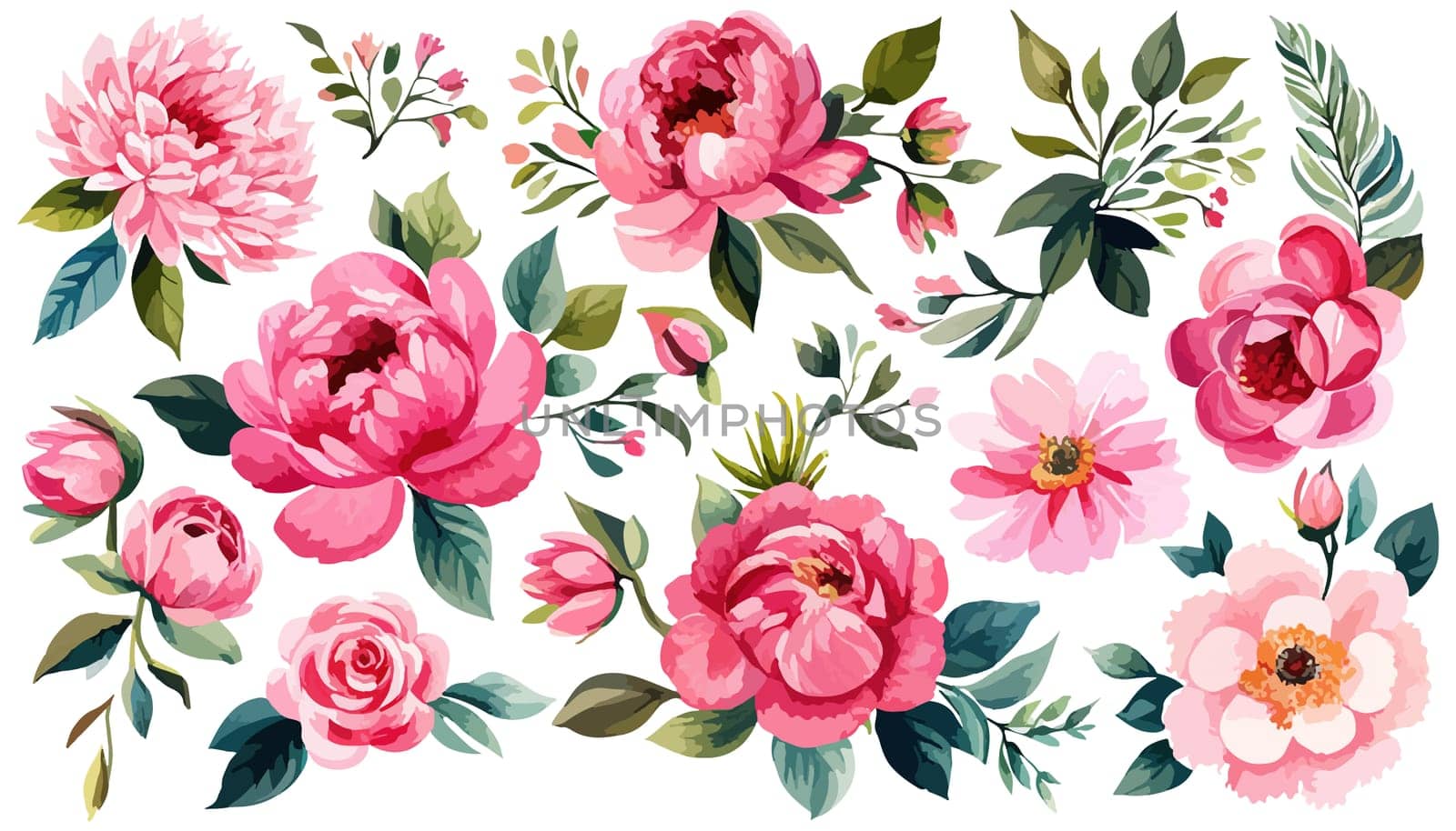Set pink peonies watercolor flowers on an isolated white background, watercolor by EkaterinaPereslavtseva