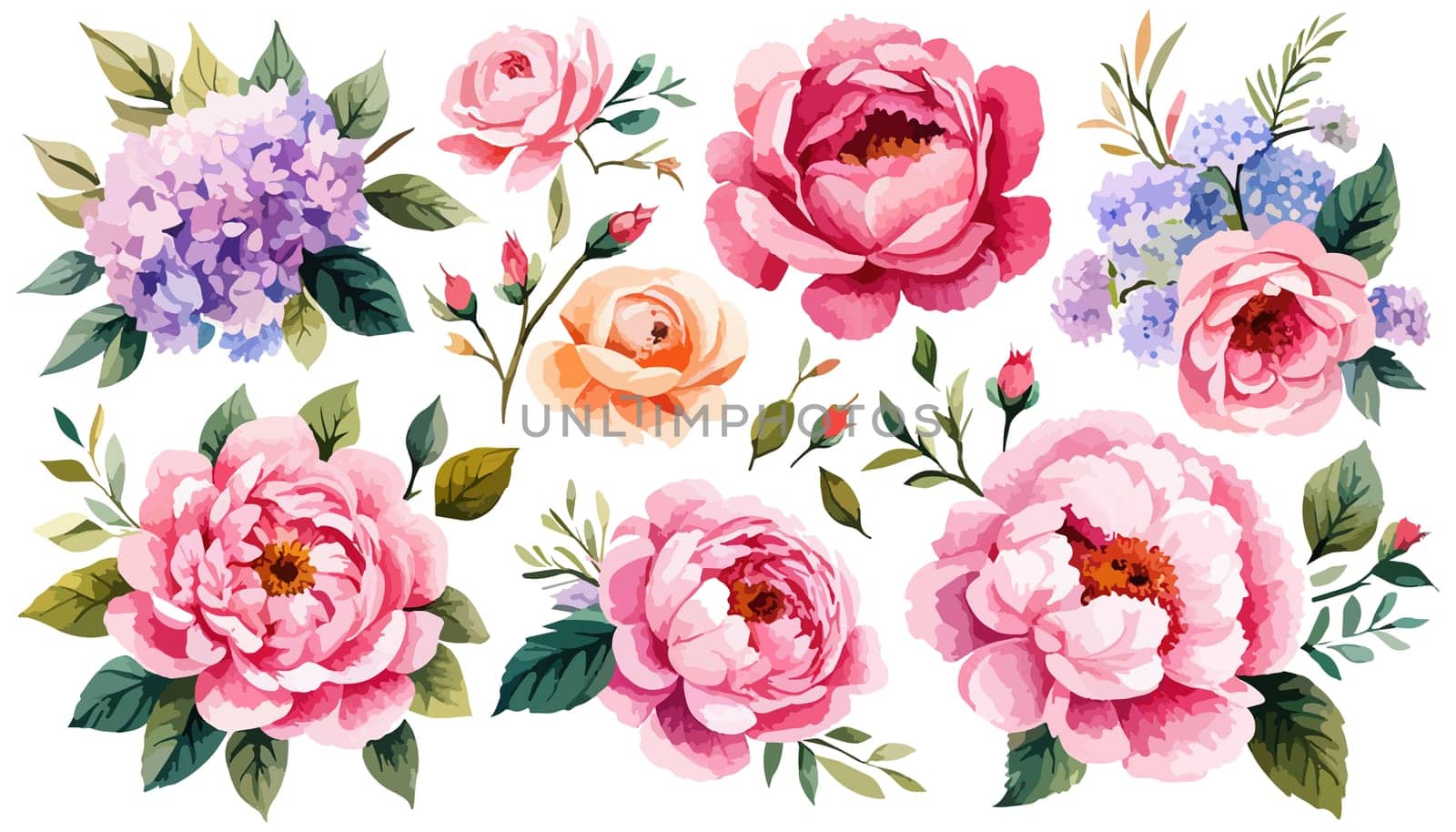 Pink Peonies on white isolated background. Watercolor flowers. Watercolor floral illustration set