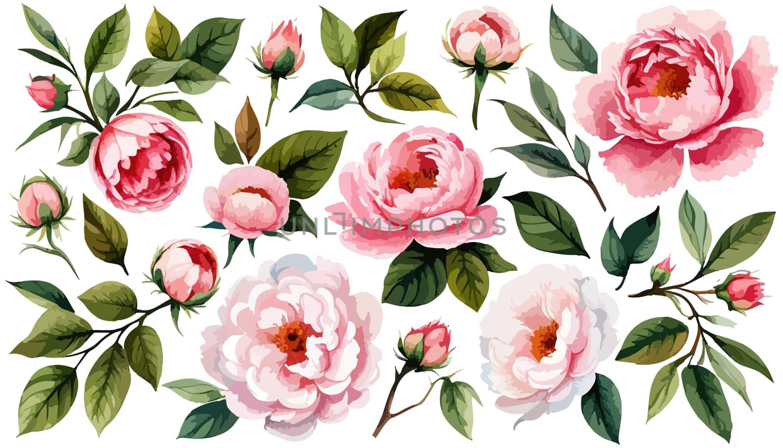 Painted floral elements set. Watercolor botanical illustration of peony flowers and leaves. Natural objects isolated on white background illustration