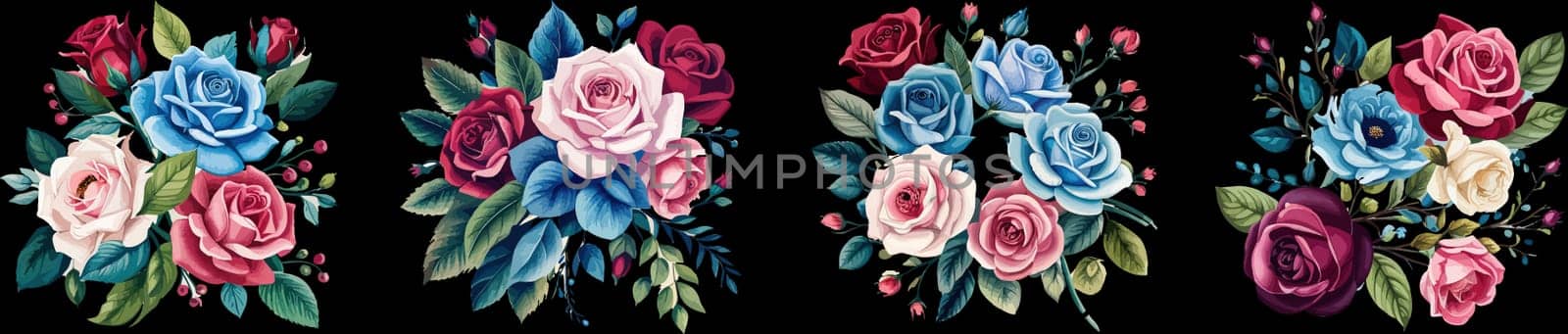 Banner set Watercolor floral bouquet lush pink blue red flower roses green leaf leaves branches bouquets collection. Decorative elements template. illustration isolated on white background