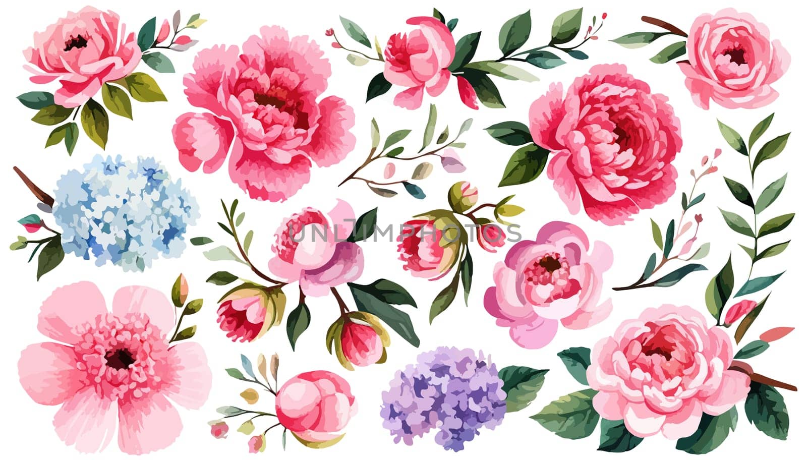 Pink Peonies on white isolated background. Watercolor flowers. Watercolor by EkaterinaPereslavtseva