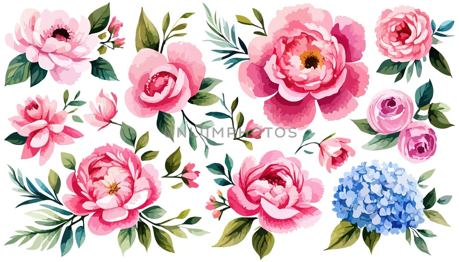 Set Spring flowers on white background. Watercolor illustration. Pink peonies by EkaterinaPereslavtseva