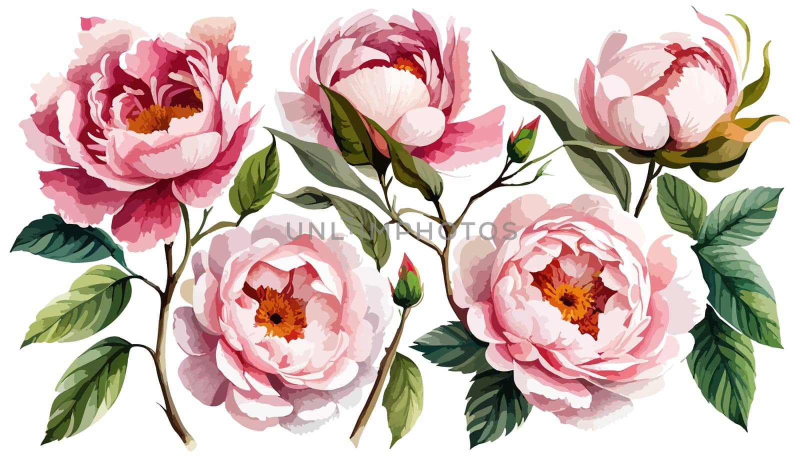 Watercolor floral set. Pink peonies flower, green leaves individual elements collection for bouquets, wreaths, wedding invitations, anniversary, birthday, postcards, greetings. illustration