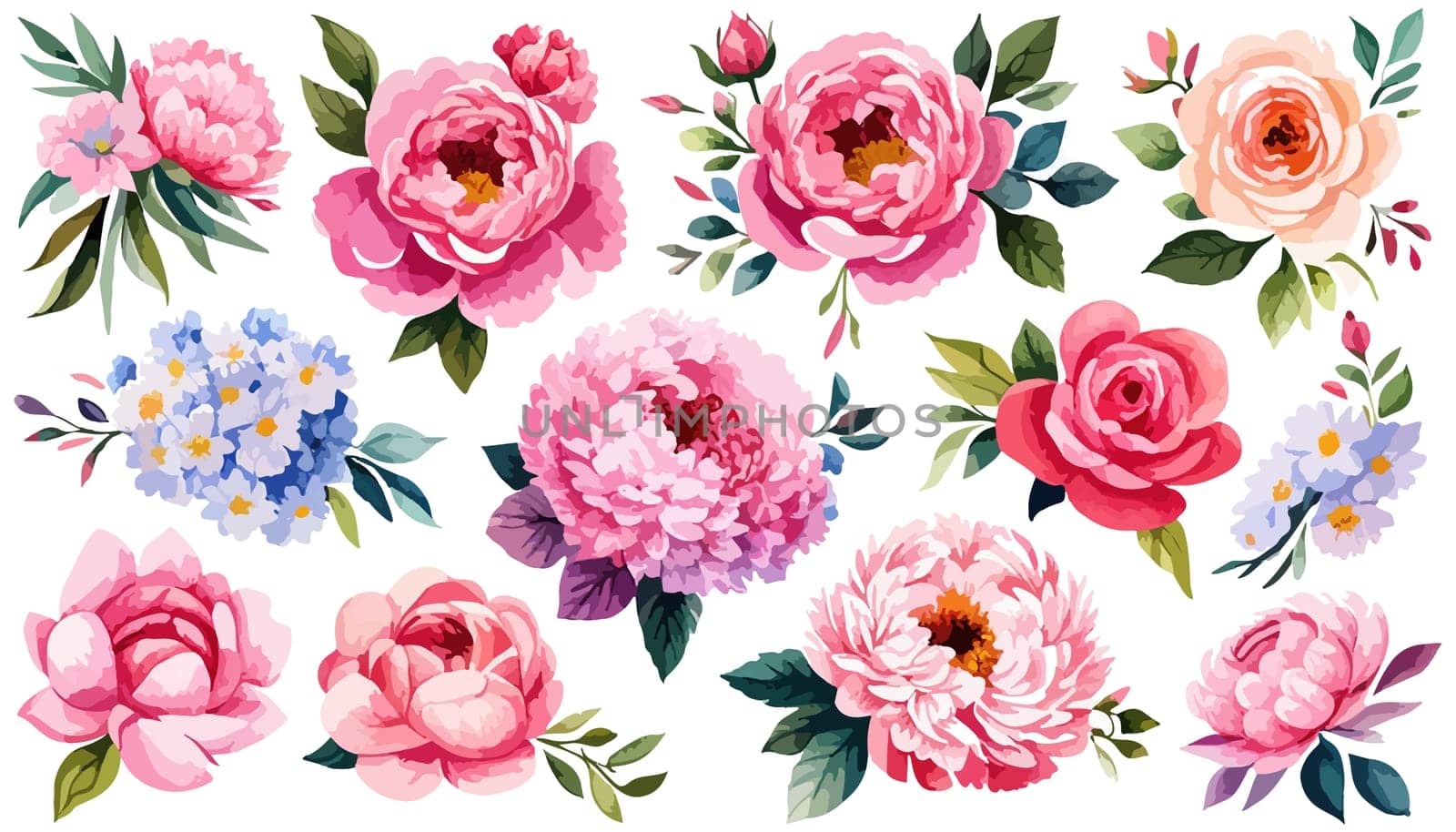 Pink Peonies on white isolated background. Watercolor flowers. Watercolor floral illustration set