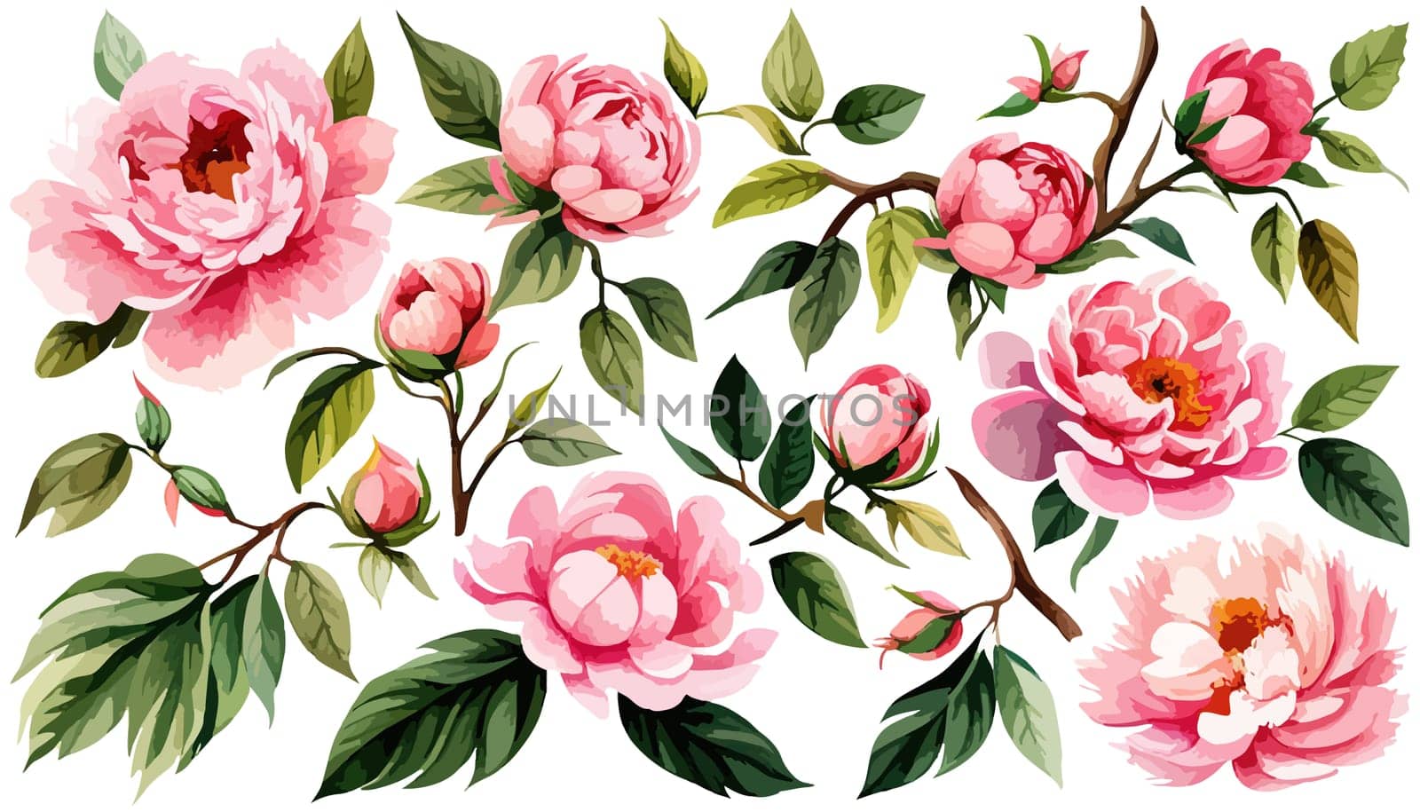 Painted floral elements set. Watercolor botanical illustration of peony flowers by EkaterinaPereslavtseva