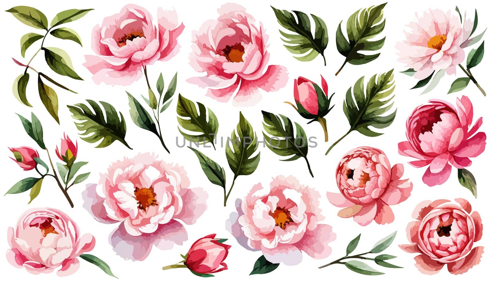 Set pink peonies watercolor flowers on an isolated white background, watercolor by EkaterinaPereslavtseva