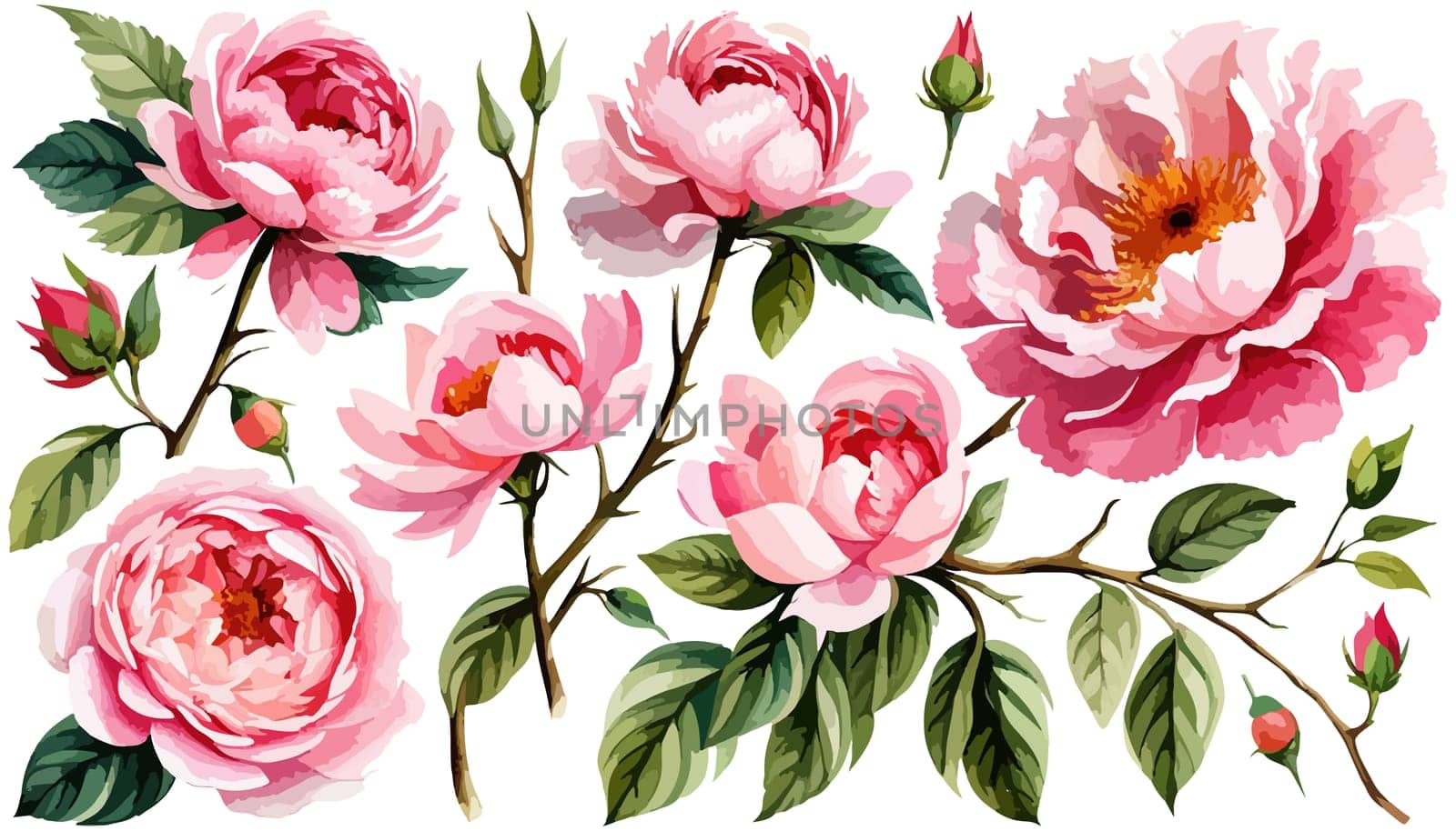 Watercolor floral set. Pink peonies flower, green leaves individual elements collection for bouquets, wreaths, wedding invitations, anniversary, birthday, postcards, greetings. illustration