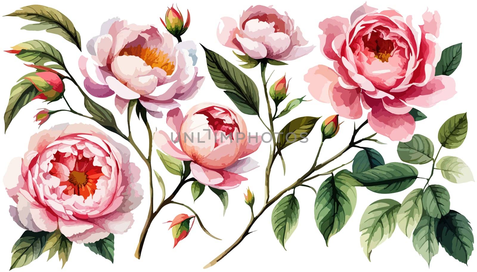 Painted floral elements set. Watercolor botanical illustration of peony flowers and leaves. Natural objects isolated on white background illustration